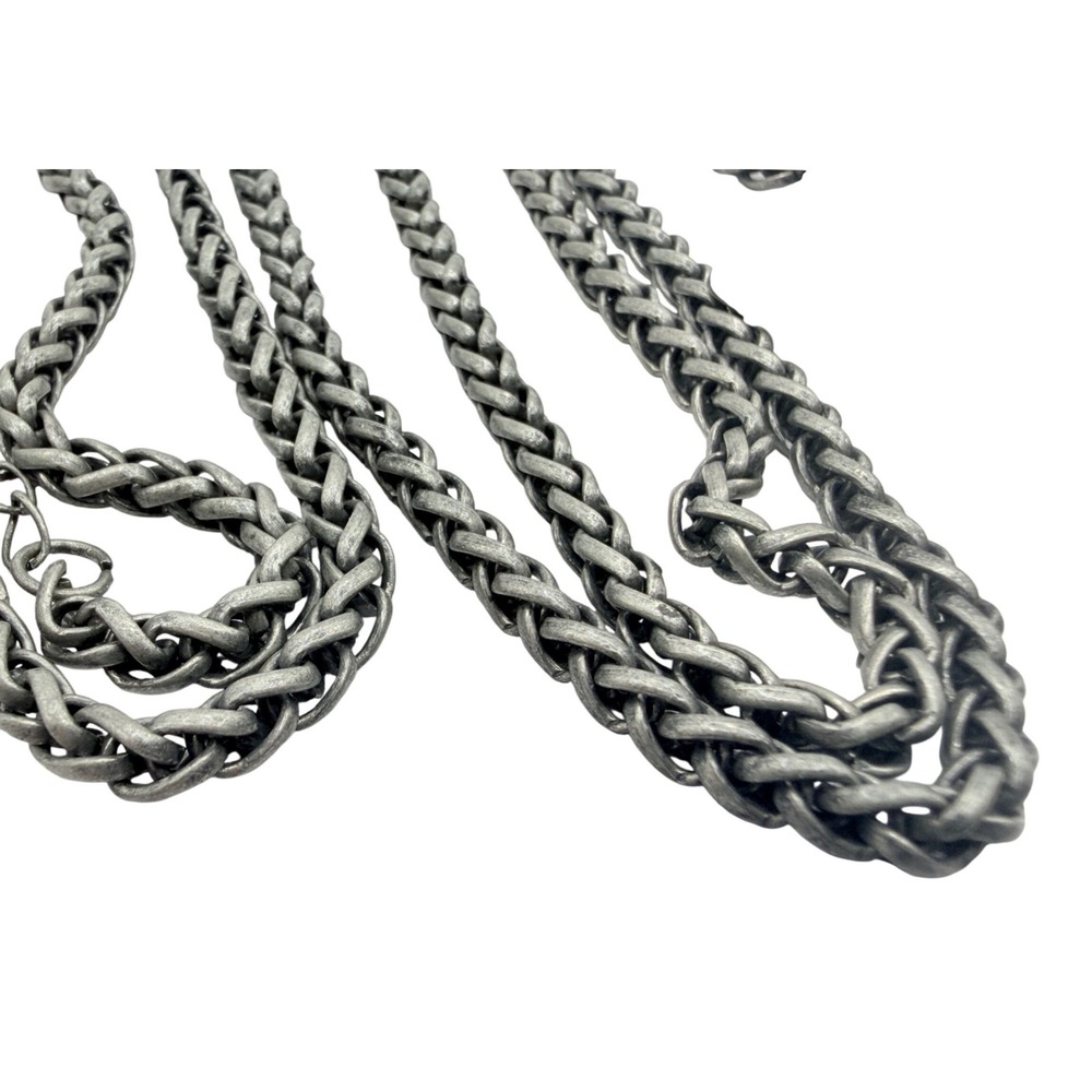Antiqued Silver Tone Etched Pendant Necklace Long Wheat Chain Boho Dangles - Picture 5 of 6